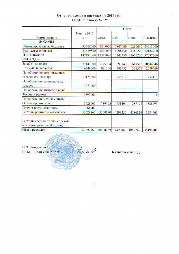 Отчет о доходах и расходах 2016 год