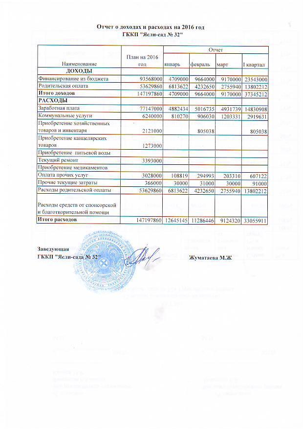 Отчет о доходах и расходах 2016 год